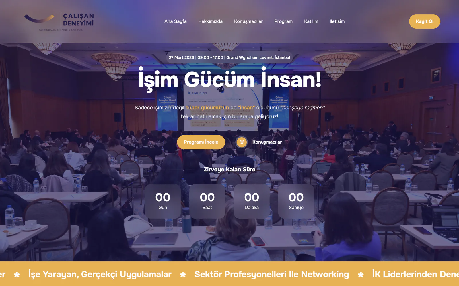 Employee Experience Summit website home over a conference hall photograph
