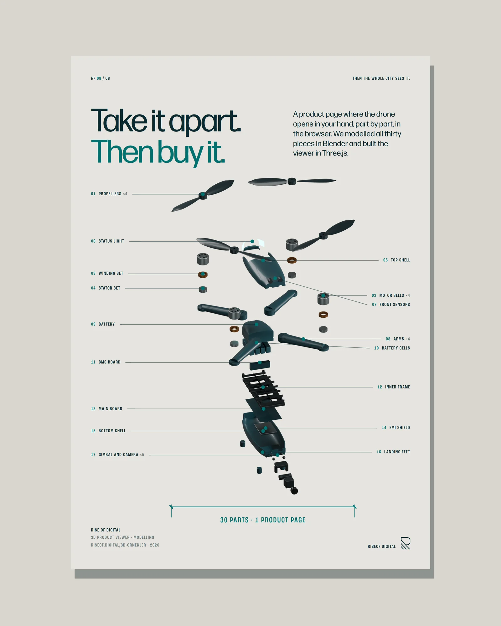 Poster: the RD-D1 drone taken apart into its thirty parts